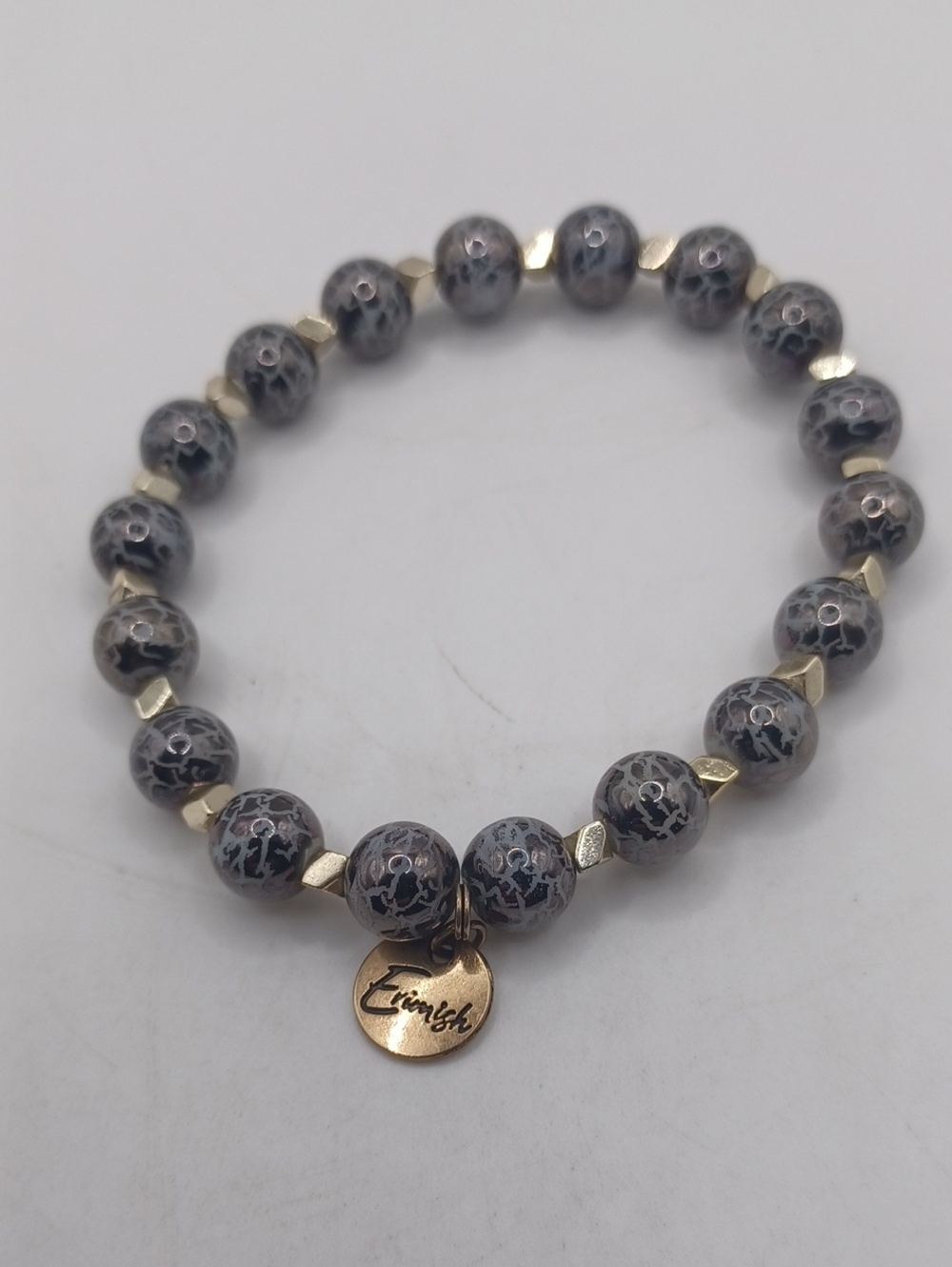 Erimish Metallic Black With White Designs Beaded Stretch Bracelet Size 6.5